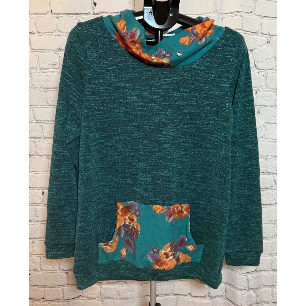 Wonderland by‎ Orange Teal Space Dye Floral Cowl Neck Pullover Top Large